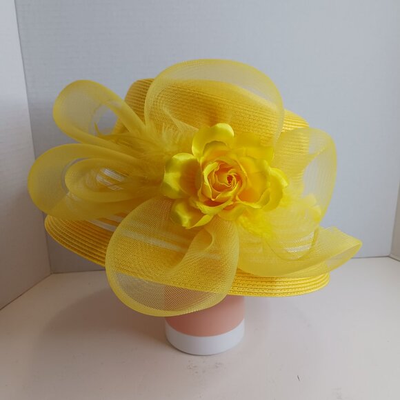 Vintage Medium Brim Hat Women\'s Church Straw Bright Yellow Pillbox Hat